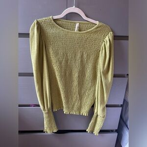 Anthropologie Shirt Women Medium Green Puff Sleeve Smocked Blouse Top Boho